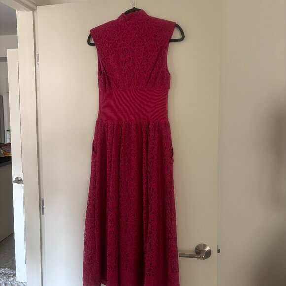 The Tommie Cap-Sleeve Front-Zip Shirt Dress: Lace Edition, Raspberry Pink, XS - Picture 3 of 7